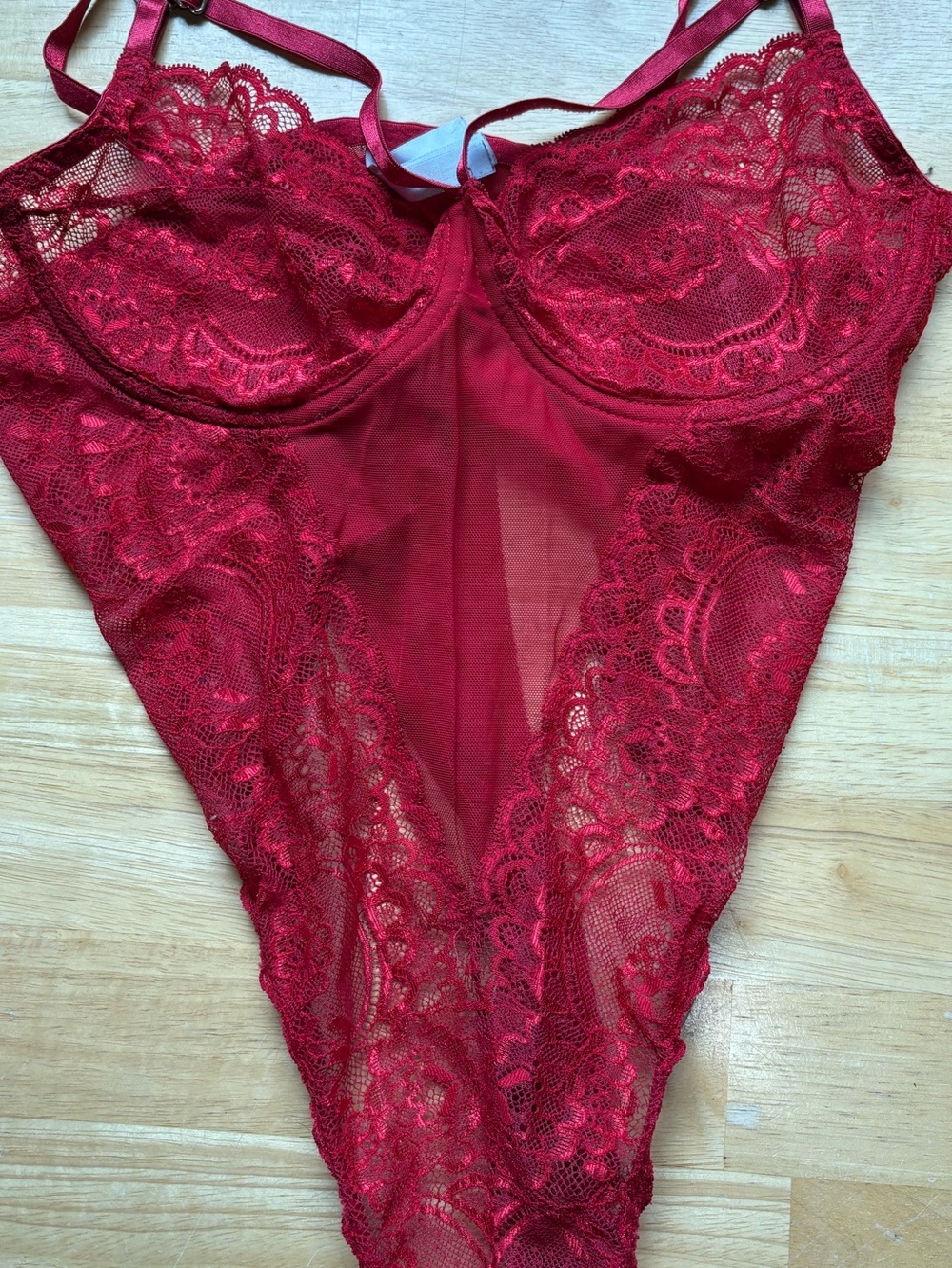 Red Lace Sheer Bodysuit - Women's Intimates
